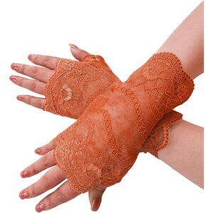 Women's Orange Fingerless Short Lace Gloves Elegant Design Wedding Party Costume